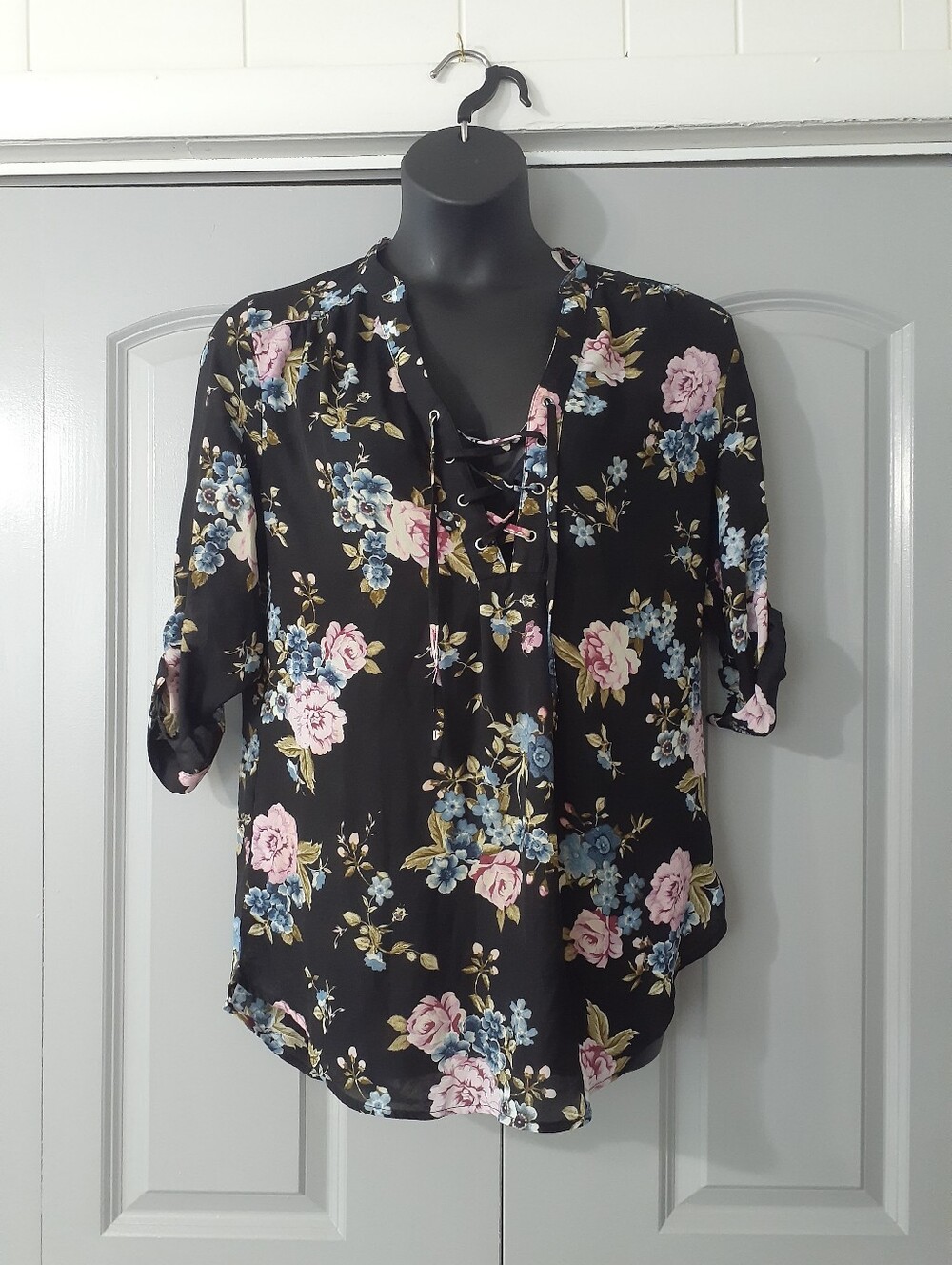 J for justify black floral semi sheer lace up blouse